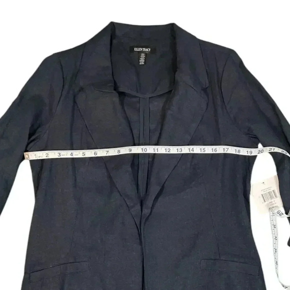 Ellen Tracy Open Front Linen Blend Blazer Size Medium Navy Blue Gold Ring - Picture 9 of 12